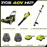 RYOBI 40V HP Brushless 20 in. Cordless Battery Walk Behind Self-Propelled Mower, Trimmer, Blower with Batteries and Chargers