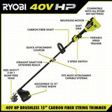 RYOBI 40V HP Brushless 20 in. Cordless Battery Walk Behind Self-Propelled Mower, Trimmer, Blower with Batteries and Chargers