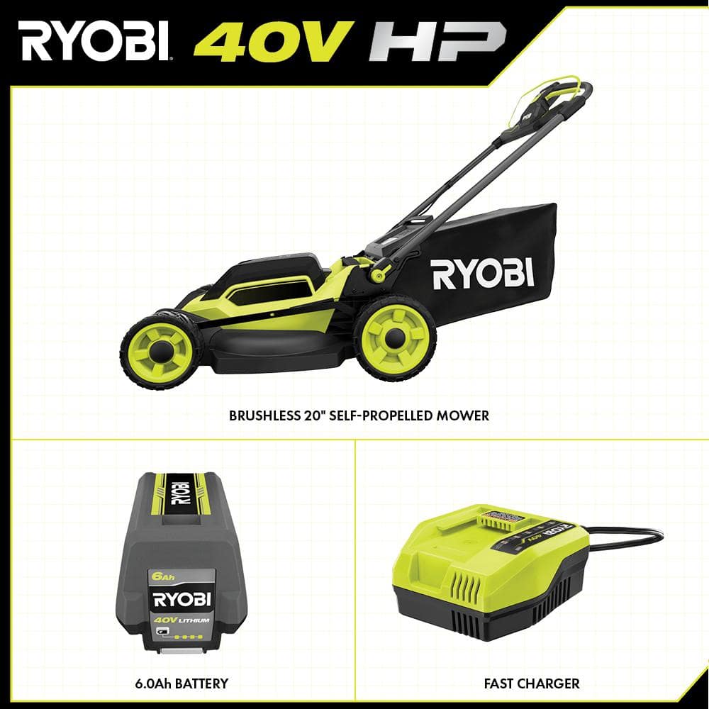 RYOBI 40V HP Brushless 20 in. Cordless Electric Battery Walk Behind Self-Propelled Mower with 6.0 Ah Battery and Charger