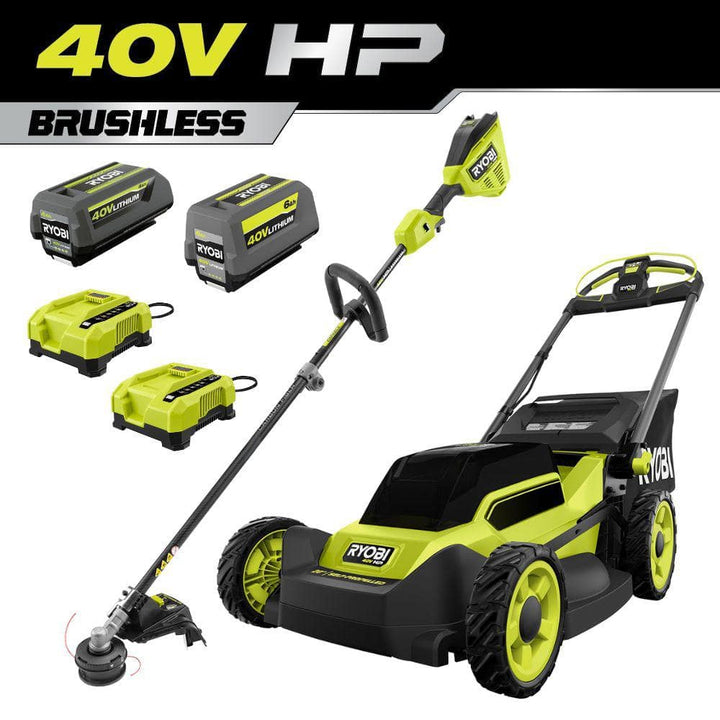 RYOBI 40-Volt HP Brushless 20 in. Cordless Electric Walk Behind Self-Propelled Mower and Trimmer - (2) Batteries/(2) Chargers