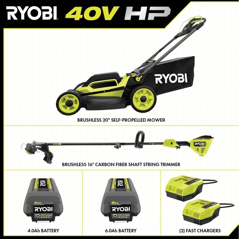 RYOBI 40-Volt HP Brushless 20 in. Cordless Electric Walk Behind Self-Propelled Mower and Trimmer - (2) Batteries/(2) Chargers