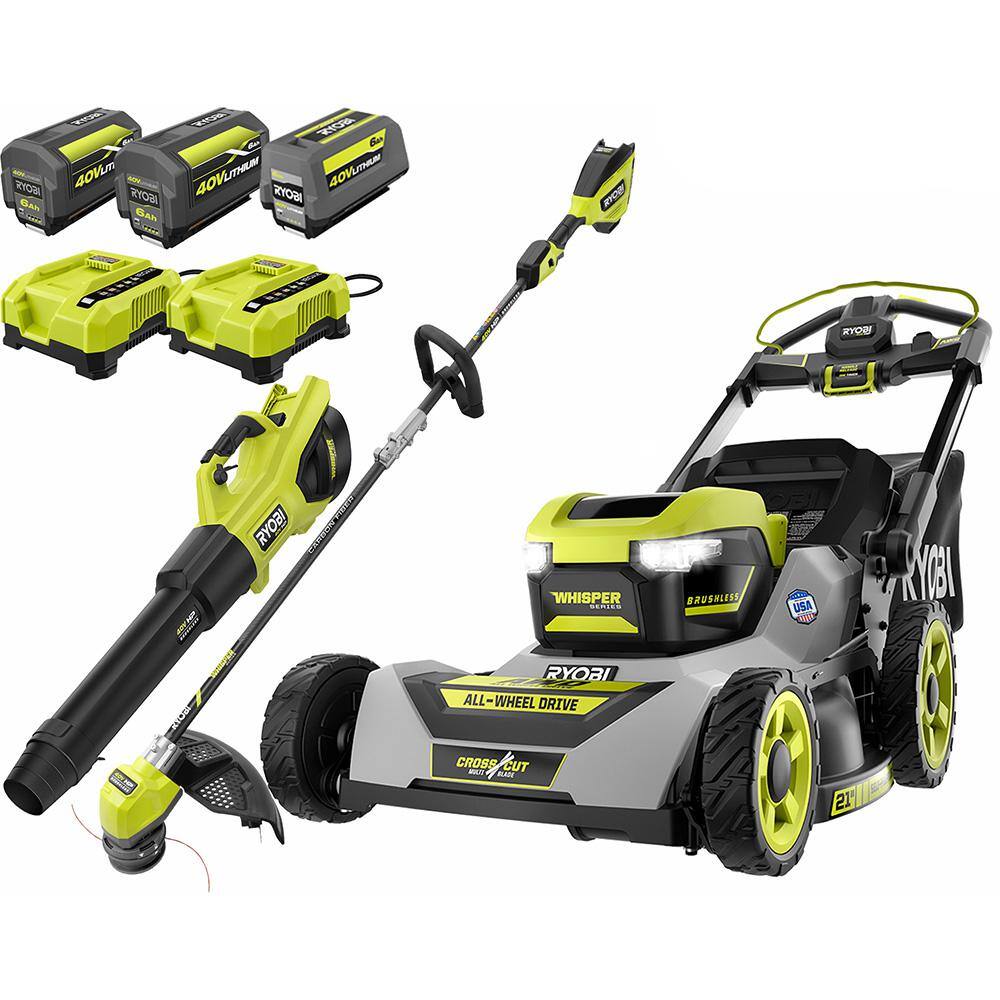 RYOBI 40V HP Brushless Whisper Series 21" Walk Behind Self-Propelled All Wheel Drive Mower, Trimmer/Blower/Batteries/Chargers