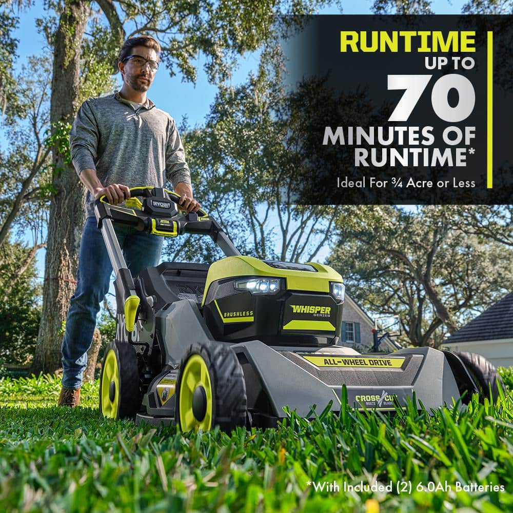 RYOBI 40-Volt HP Brushless Whisper Series 21 in. Walk Behind Self-Propelled All Wheel Drive Mower Trimmer 3 Batteries Chargers