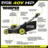 RYOBI 40-Volt HP Brushless Whisper Series 21 in. Walk Behind Self-Propelled All Wheel Drive Mower Trimmer 3 Batteries Chargers