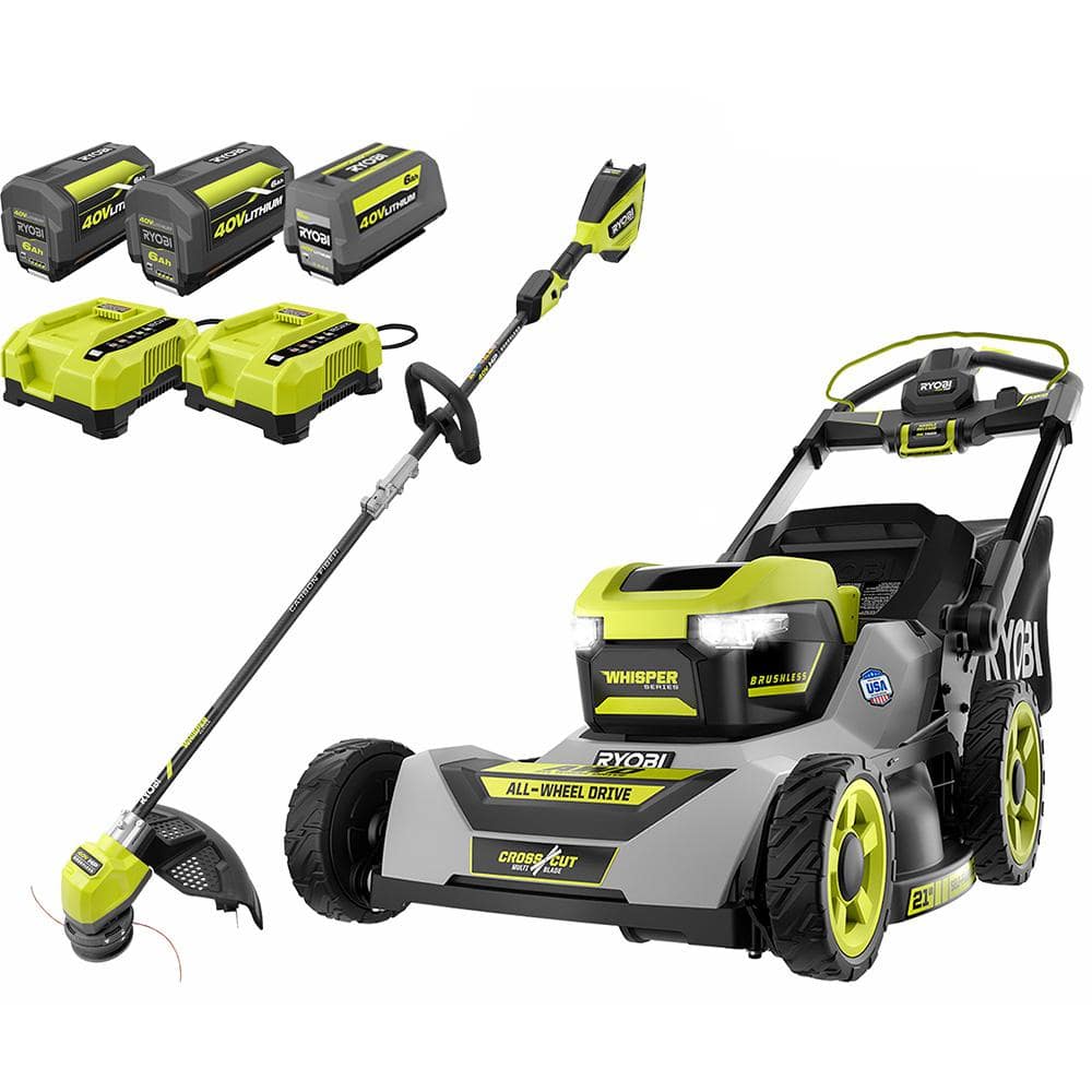 RYOBI 40-Volt HP Brushless Whisper Series 21 in. Walk Behind Self-Propelled All Wheel Drive Mower Trimmer 3 Batteries Chargers