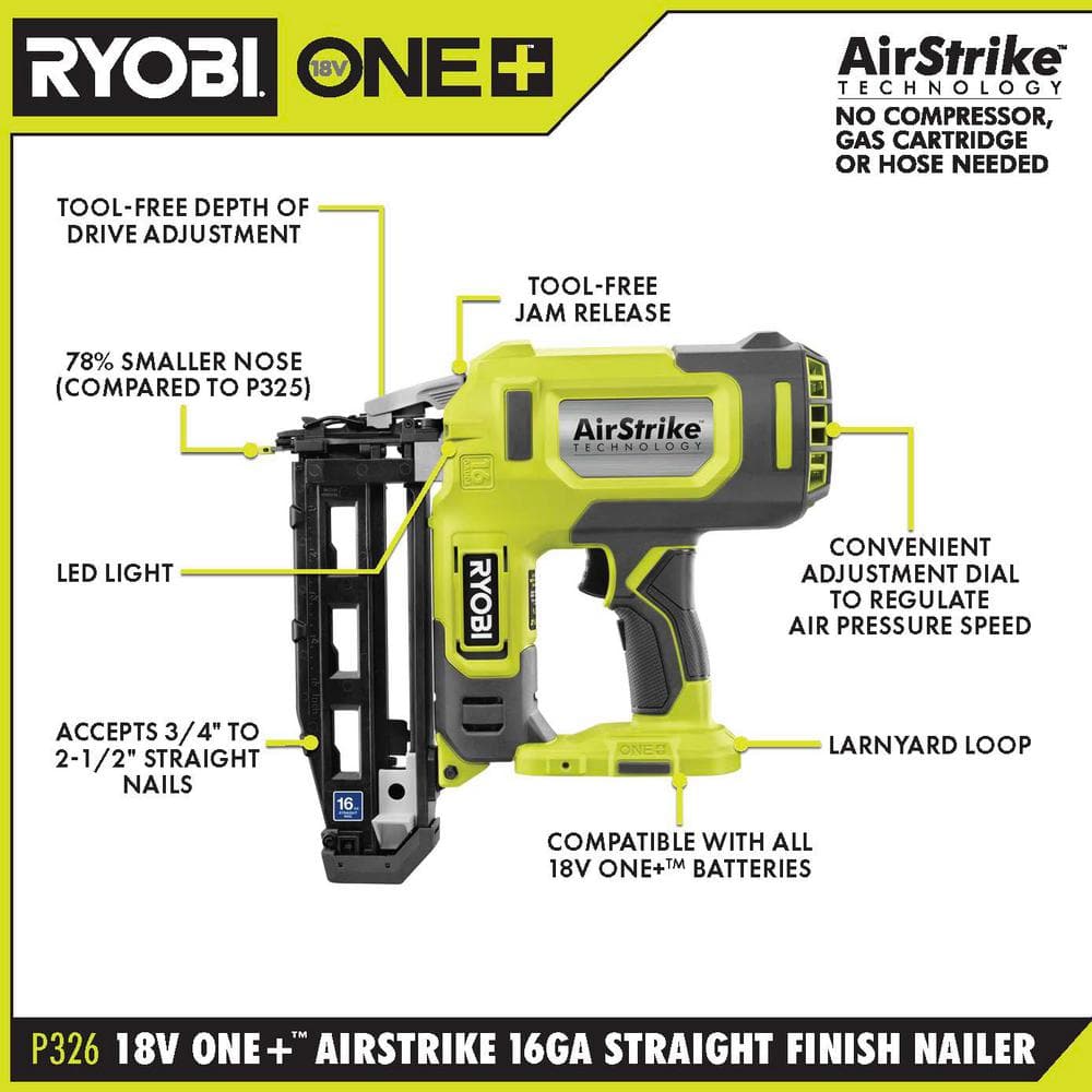 RYOBI ONE+ 18V AirStrike 16-Gauge Straight Finish Nailer (Tool Only) with Sample Nails