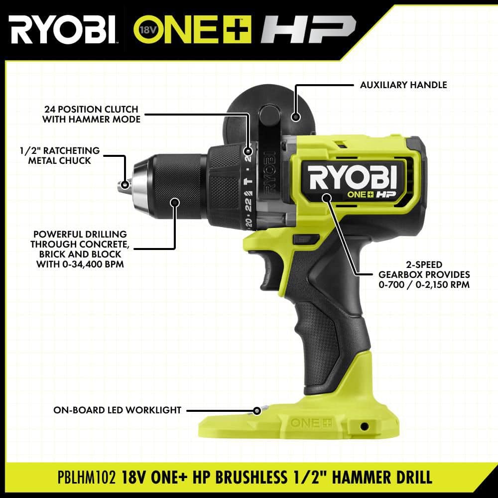 RYOBI ONE+ HP 18V Brushless 1/2 in. Hammer Drill/Driver Kit with 4.0Ah HIGH PERFORMANCE Battery, Charger and Bag