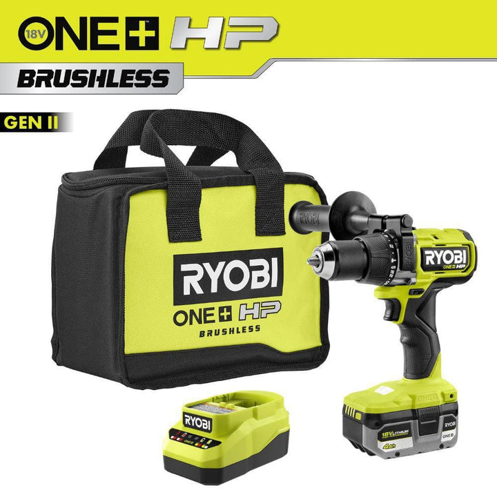 RYOBI ONE+ HP 18V Brushless 1/2 in. Hammer Drill/Driver Kit with 4.0Ah HIGH PERFORMANCE Battery, Charger and Bag