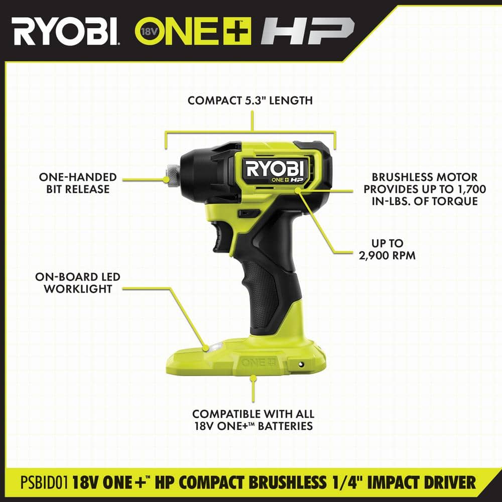 RYOBI ONE+ HP 18V Brushless Cordless Compact 1/4 in. Impact Driver Kit with (2) 1.5 Ah Batteries, Charger and Bag