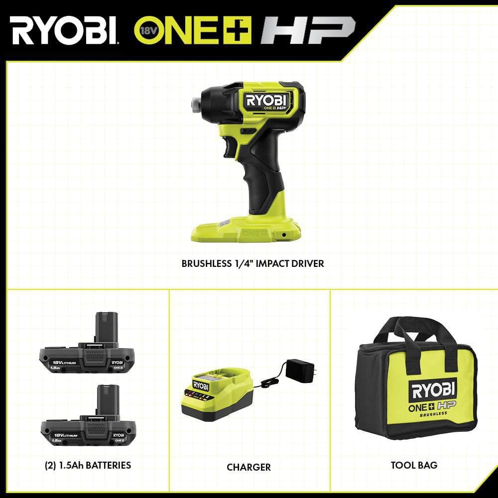 RYOBI ONE+ HP 18V Brushless Cordless Compact 1/4 in. Impact Driver Kit with (2) 1.5 Ah Batteries, Charger and Bag