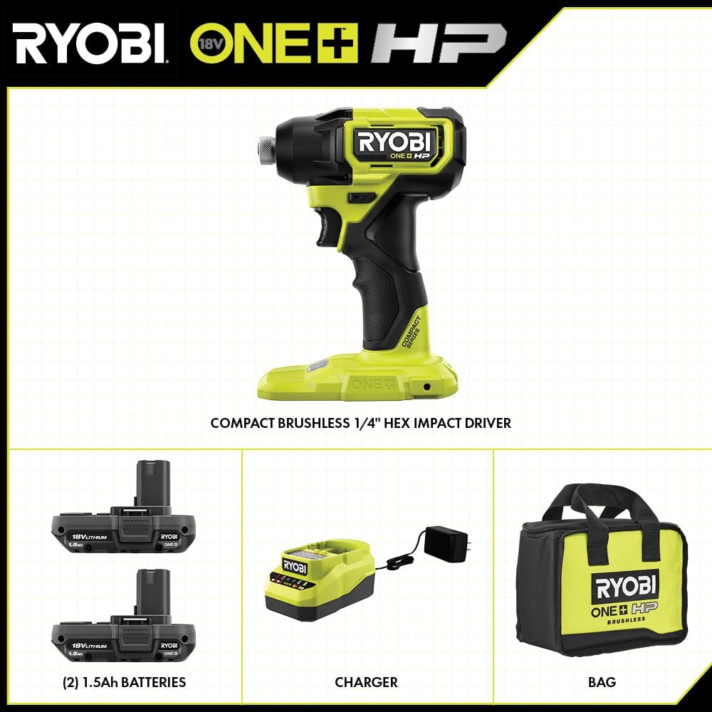 RYOBI ONE+ HP 18V Brushless Cordless Compact 1/4 in. Hex Impact Driver Kit with (2) 1.5 Ah Batteries and Charger