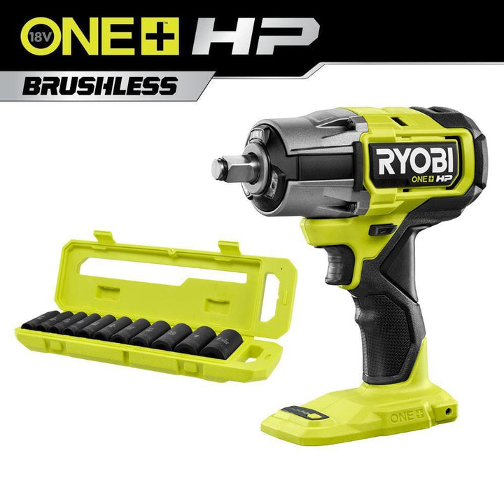 RYOBI ONE+ HP 18V Brushless Cordless 4-Mode 1/2 in. Impact Wrench (Tool Only) w/ 1/2 in. SAE Deep Impact Socket Set (11-PC)