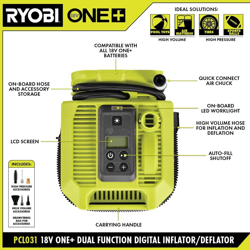 RYOBI ONE+ 18V Cordless Dual Function Inflator/Deflator(Tool Only)
