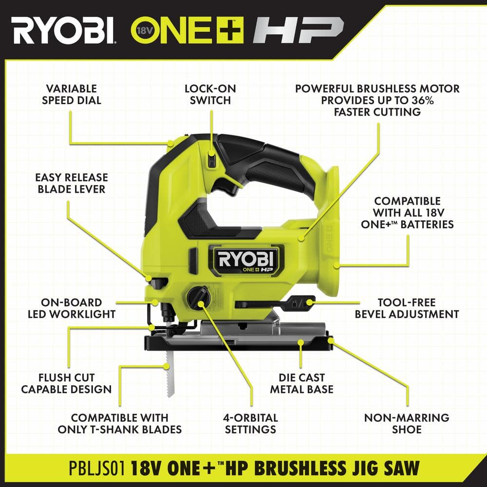 RYOBI ONE+ HP 18V Brushless Cordless Jig Saw (Tool Only) with All Purpose Jigsaw Blade Set (20-Piece)