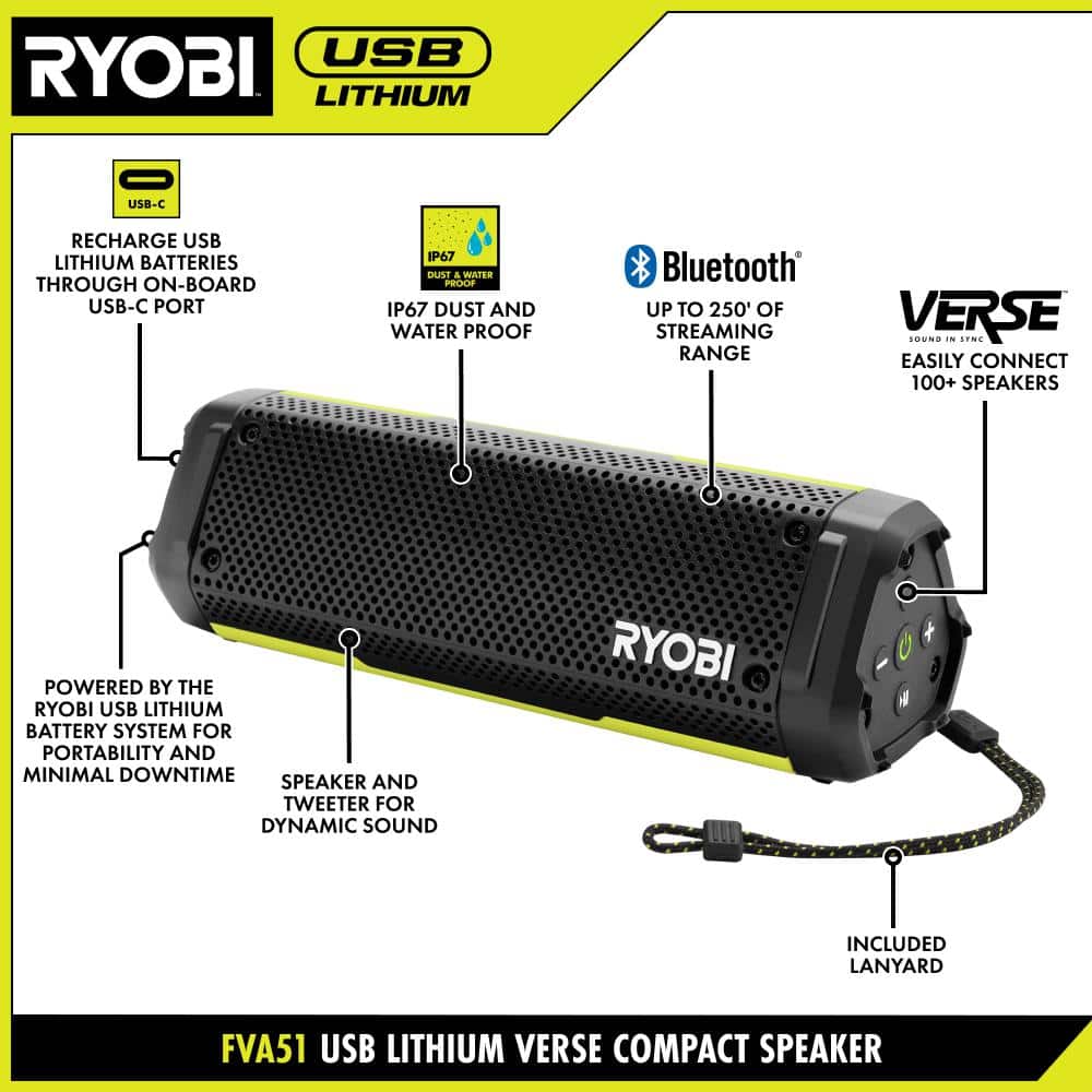 RYOBI USB Lithium Cordless Bluetooth Charging Speaker Kit with 2.0 Ah Battery and Charging Cable
