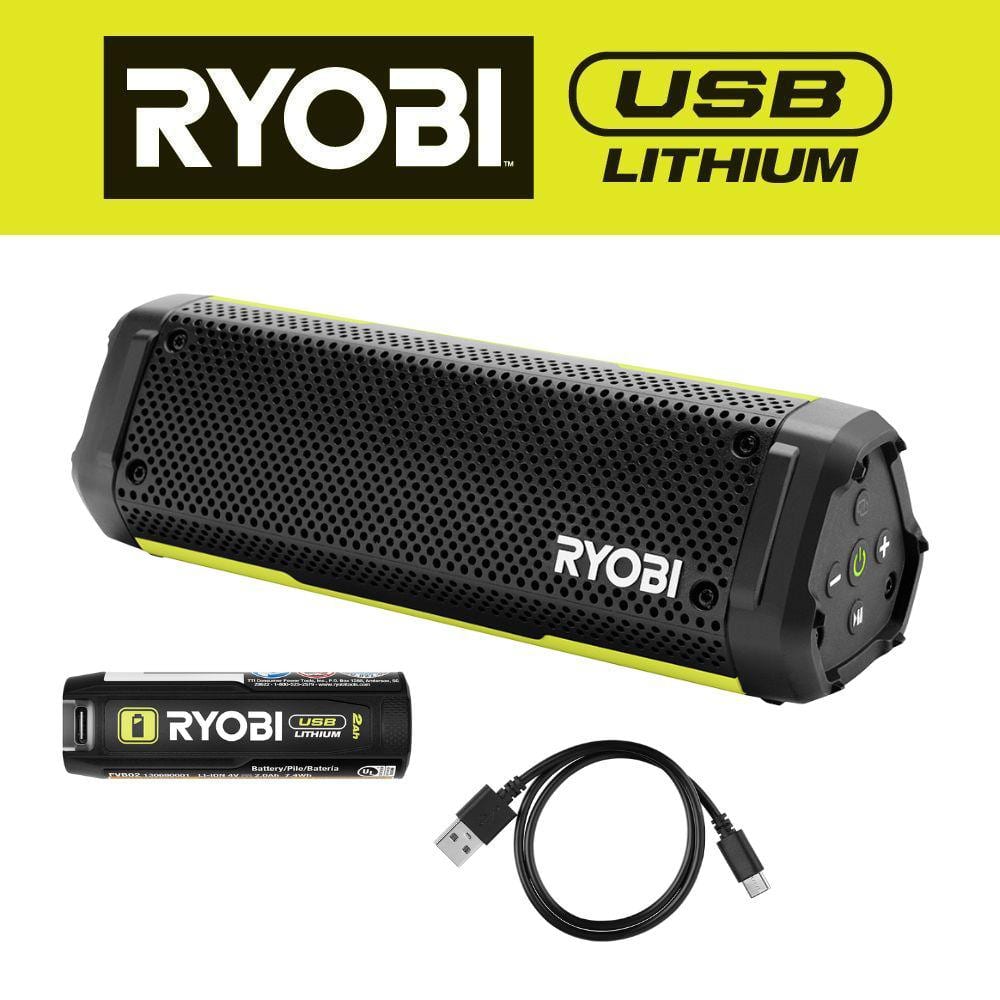 RYOBI USB Lithium Cordless Bluetooth Charging Speaker Kit with 2.0 Ah Battery and Charging Cable