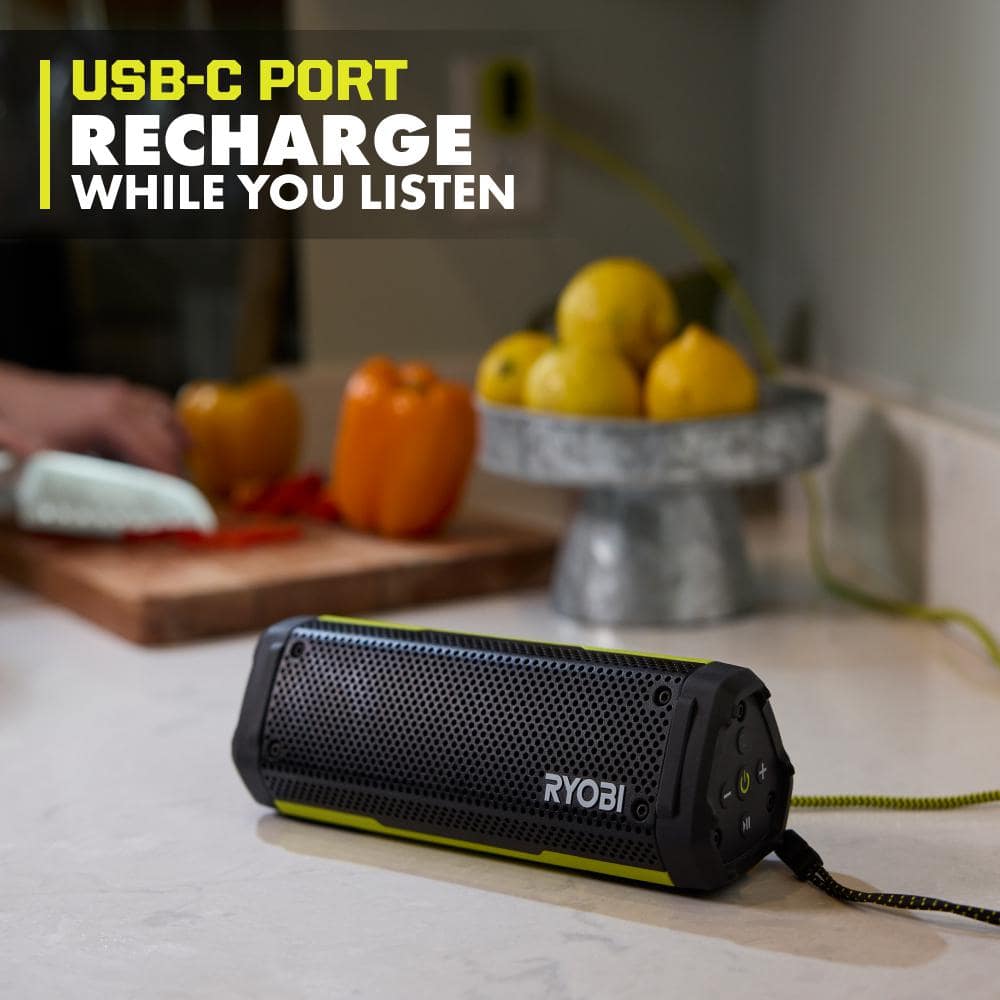 RYOBI USB Lithium Cordless Bluetooth Charging Speaker Kit with 2.0 Ah Battery and Charging Cable