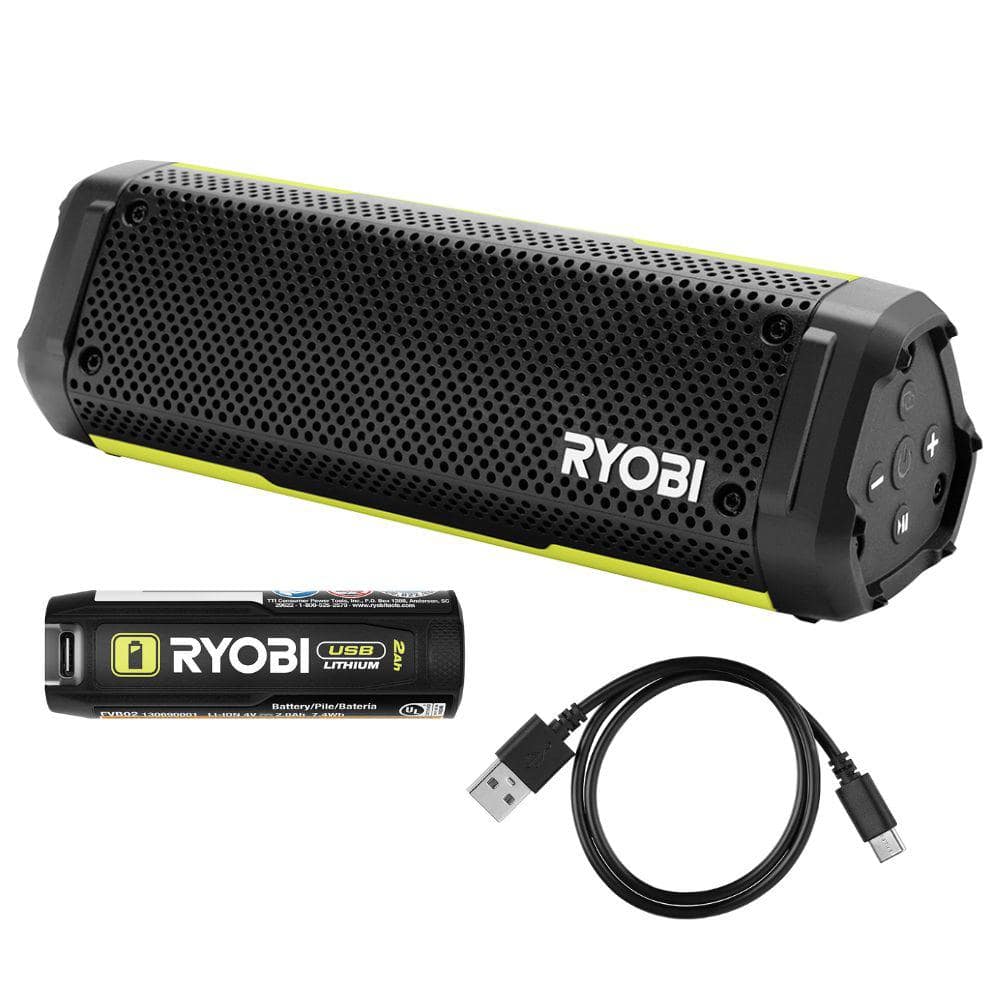 RYOBI USB Lithium Cordless Bluetooth Charging Speaker Kit with 2.0 Ah Battery and Charging Cable