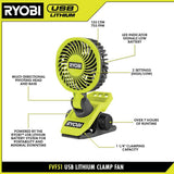 RYOBI USB Lithium Clamp Fan Kit with 2.0 Ah USB Lithium Battery and Charging Cable