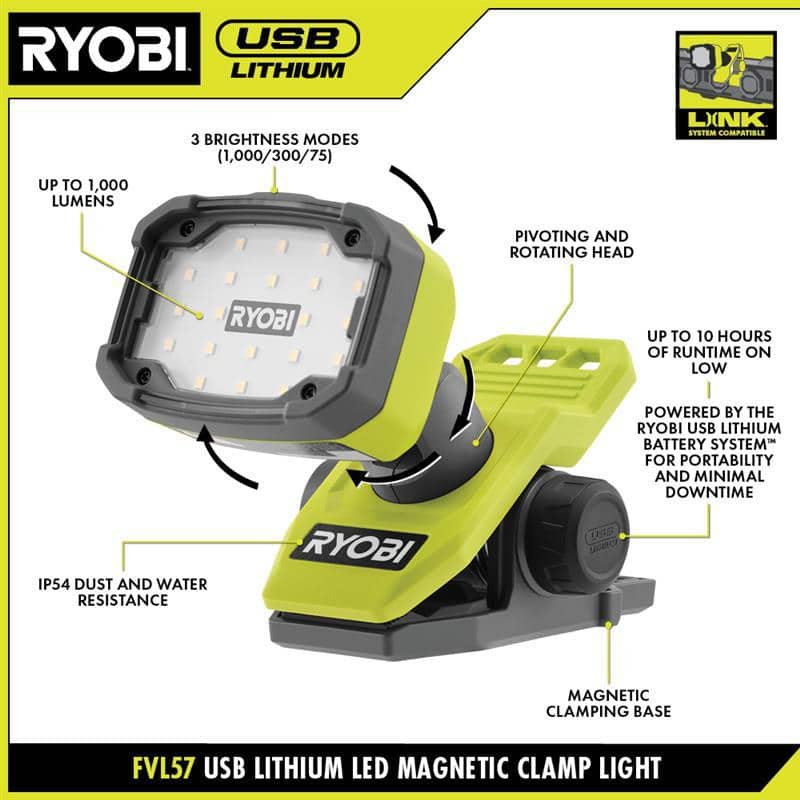 RYOBI USB Lithium Magnetic Clamp Light Kit with 2.0 Ah Battery and Charging Cable
