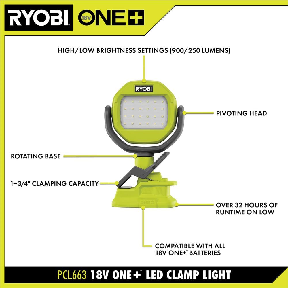 RYOBI ONE+ 18V Cordless LED Clamp Light (Tool Only)