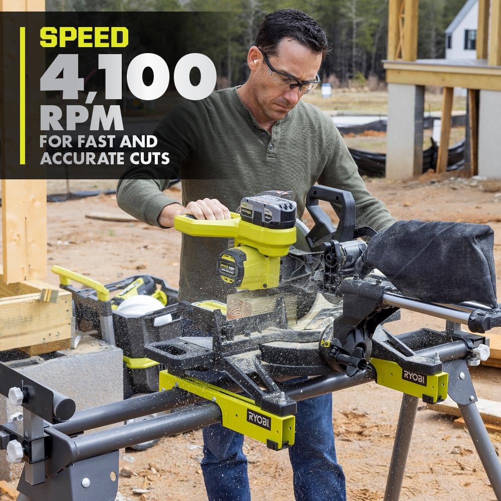 RYOBI ONE+ HP 18V Brushless Cordless 10 in. Sliding Compound Miter Saw Kit with 4.0 Ah Battery, Charger, and Miter Saw Stand