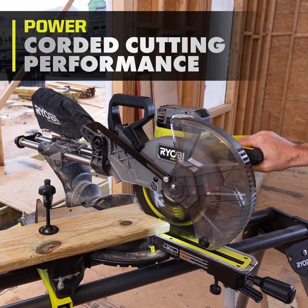 RYOBI ONE+ HP 18V Brushless Cordless 10 in. Sliding Compound Miter Saw Kit with 4.0 Ah Battery, Charger, and Miter Saw Stand