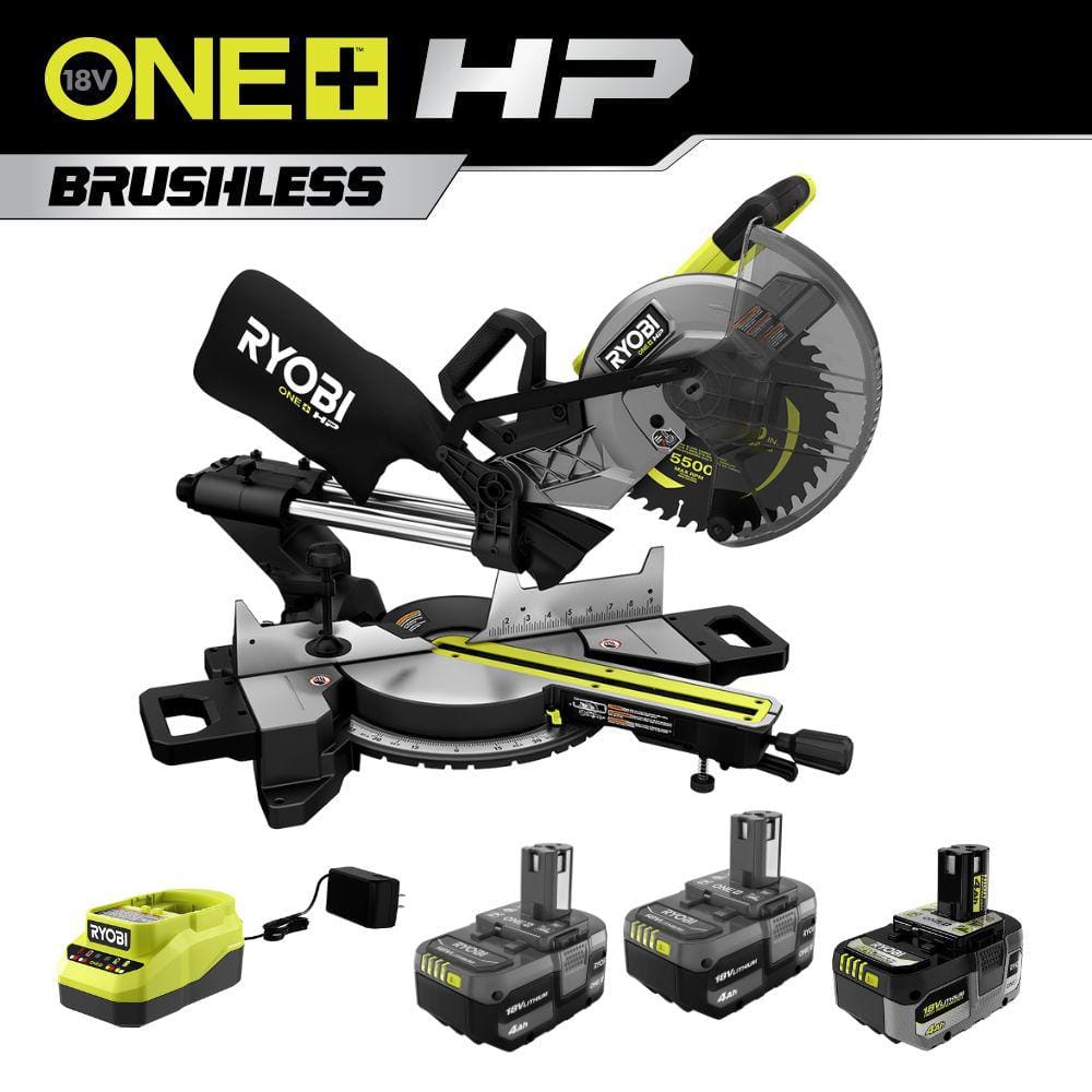 RYOBI ONE+ HP 18V Brushless Cordless 10 in. Sliding Compound Miter Saw Kit with (3) 4.0 Ah Batteries and Charger