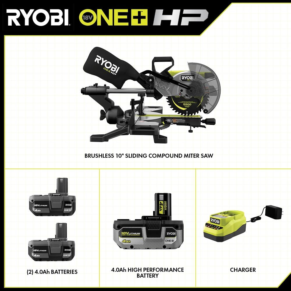 RYOBI ONE+ HP 18V Brushless Cordless 10 in. Sliding Compound Miter Saw Kit with (3) 4.0 Ah Batteries and Charger