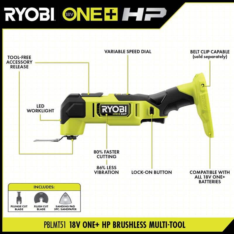 RYOBI ONE+ HP 18V Brushless Cordless Oscillating Multi-Tool (Tool Only) with 4-Piece Wood Oscillating Multi-Tool Blade Set
