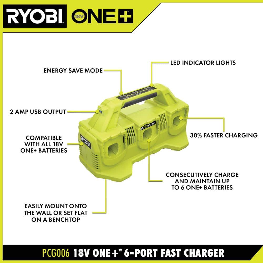 RYOBI ONE+ 18V Lithium-Ion 2.0 Ah Compact Battery (2-Pack) with 6-Port Charger