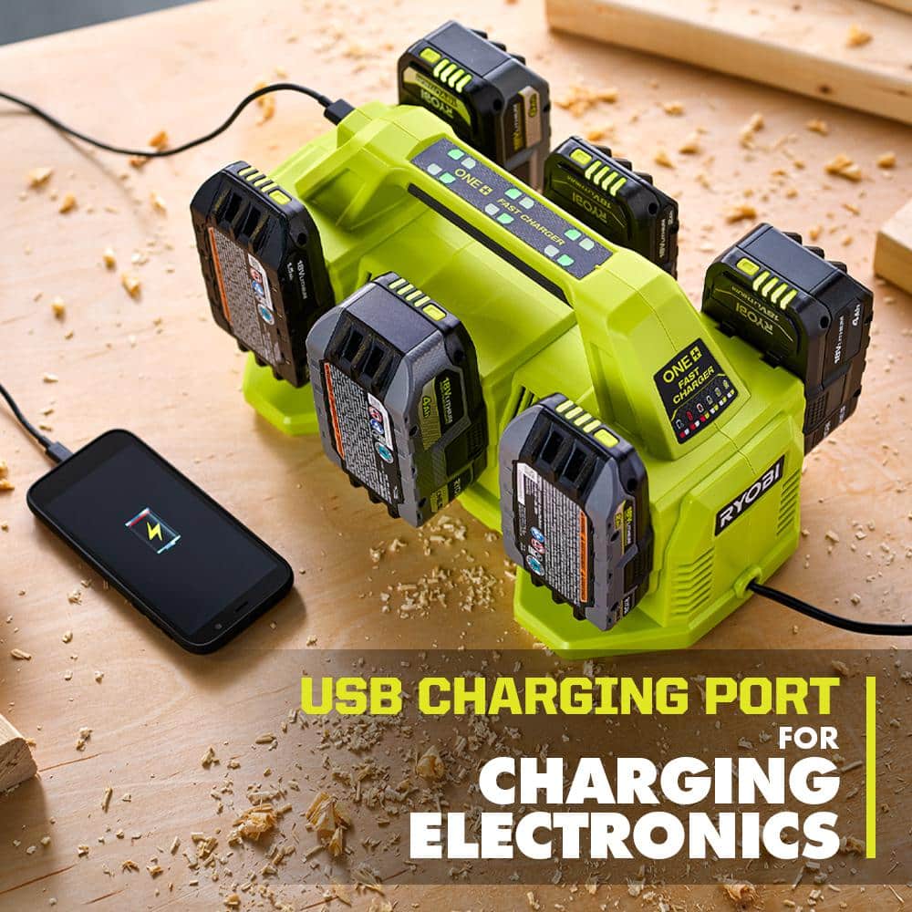 RYOBI ONE+ 18V Lithium-Ion 2.0 Ah Compact Battery (2-Pack) with 6-Port Charger