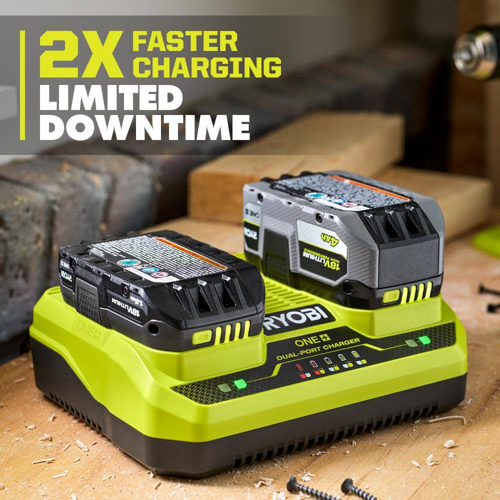 RYOBI ONE+ 18V Dual Port Simultaneous Charger with 6.0 Ah HIGH PERFORMANCE Battery (2-Pack)