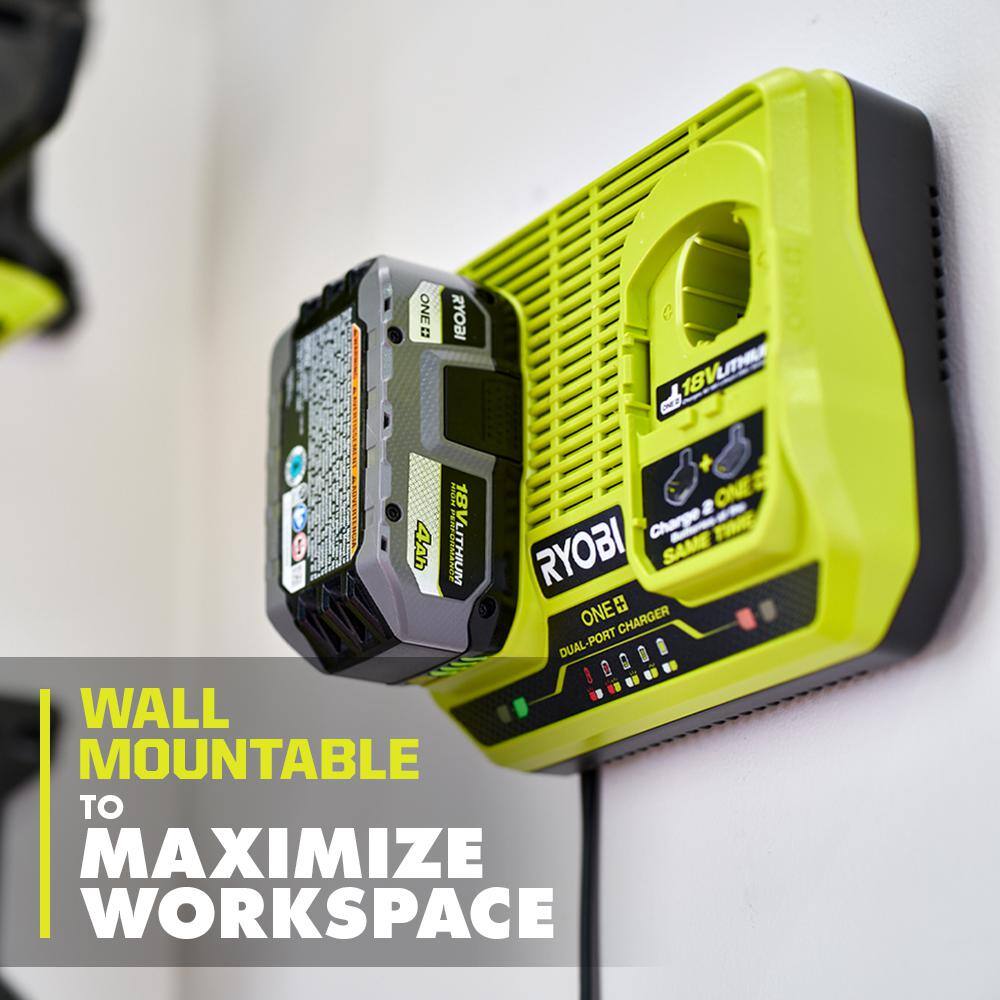 RYOBI ONE+ 18V Dual Port Simultaneous Charger with 6.0 Ah HIGH PERFORMANCE Battery (2-Pack)