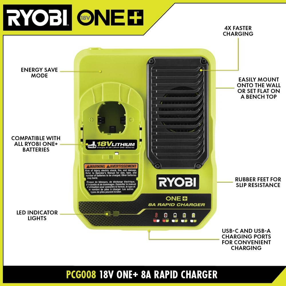 RYOBI ONE+ 18V 8A Rapid Charger with 6.0 Ah HIGH PERFORMANCE Battery (2-Pack)