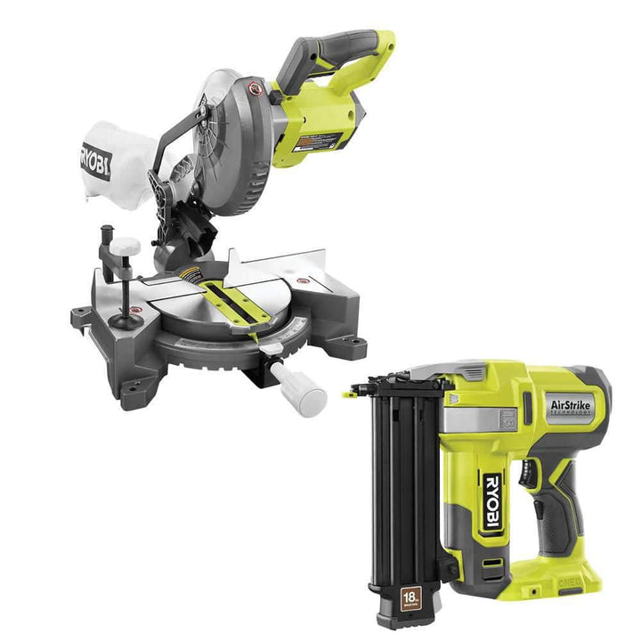 RYOBI ONE+ 18V Lithium-Ion Cordless 7-1/4 in. Compound Miter Saw and AirStrike 18-Gauge Brad Nailer Combo (Tools Only)
