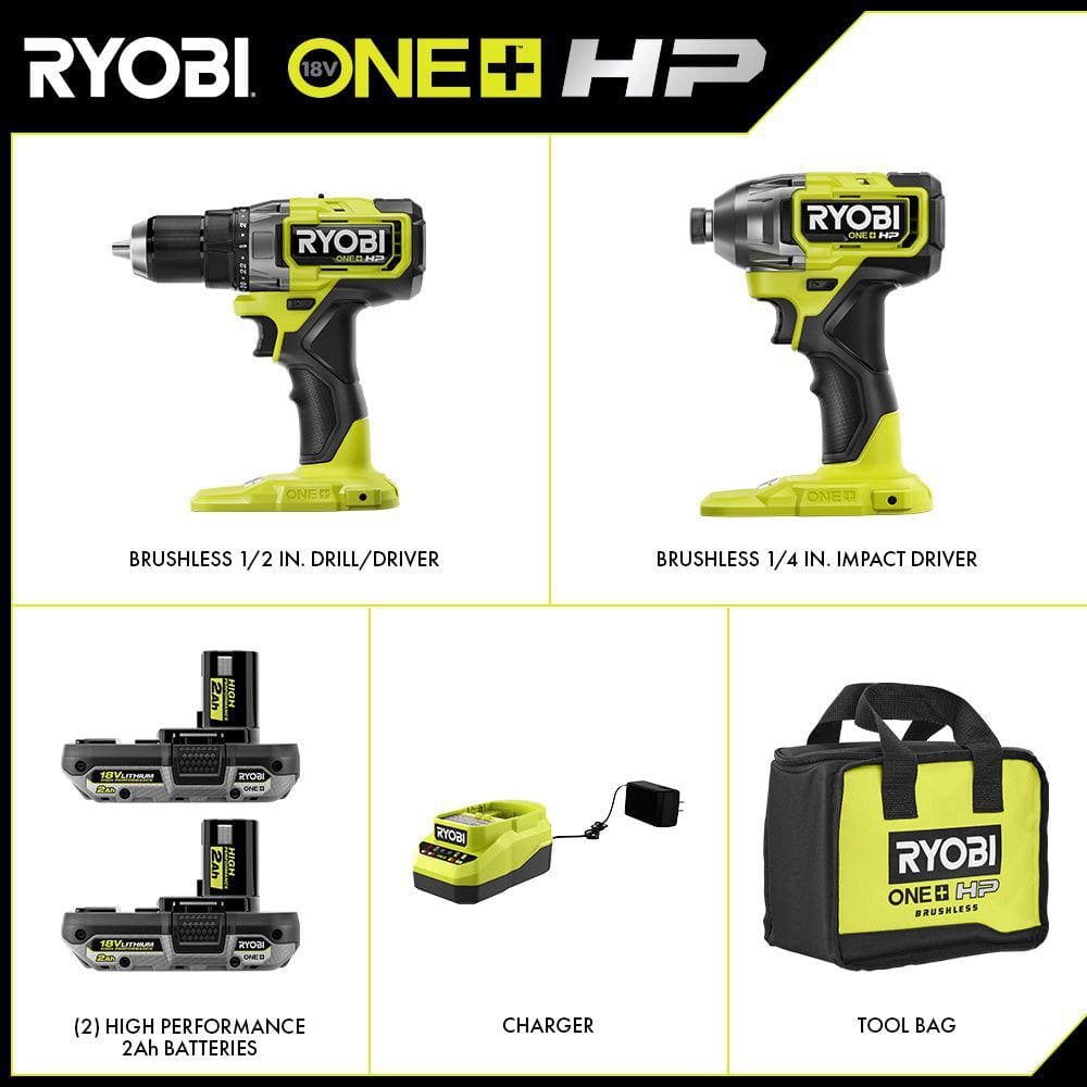 RYOBI ONE+ HP 18V Brushless Cordless 2-Tool Combo Kit w/(2) 2.0 Ah Batteries, Charger, Bag, & FREE Cordless Reciprocating Saw