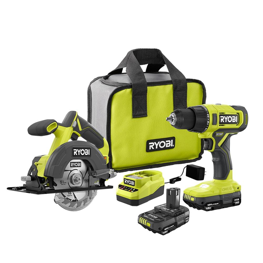 RYOBI ONE+ 18-Volt Lithium-Ion Cordless 2-Tool Combo Kit with 1/2 in. Drill/Driver, 5-1/2 in. Circular Saw, (2) 1.5 Ah Batteries, Charger and Bag
