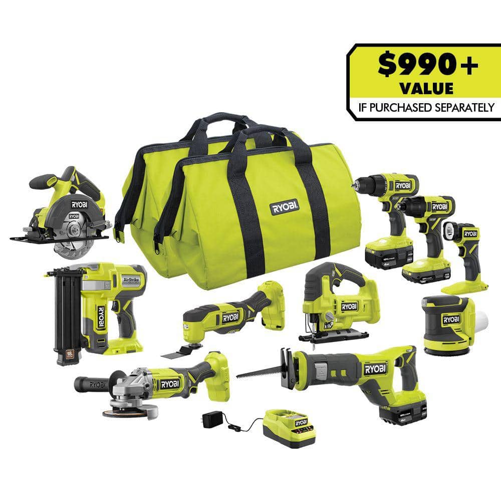 RYOBI ONE+ 18V Cordless 10-Tool Combo Kit with (1) 1.5 Ah Battery and (2) 4.0 Ah Batteries and Charger