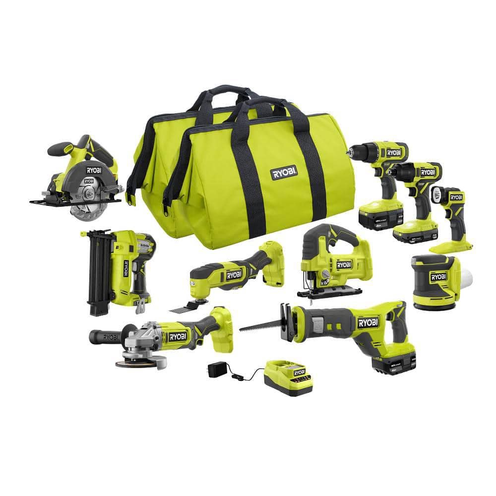 RYOBI ONE+ 18V Cordless 10-Tool Combo Kit with (1) 1.5 Ah Battery and (2) 4.0 Ah Batteries and Charger