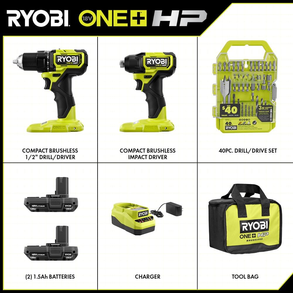 RYOBI ONE+ HP 18V Brushless Cordless Compact 2-Tool Combo Kit w/Drill, Impact Driver, Batteries, Charger, Bag, & 40PC Bit Set