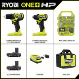 RYOBI ONE+ HP 18V Brushless Cordless Compact 2-Tool Combo Kit w/Drill, Impact Driver, Batteries, Charger, Bag, & 40PC Bit Set