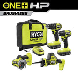 RYOBI 18V ONE+ Brushless Cordless 4-Tool Combo Kit with (2) 2.0 Ah Batteries, Charger, and Bag