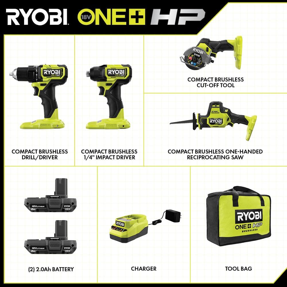 RYOBI 18V ONE+ Brushless Cordless 4-Tool Combo Kit with (2) 2.0 Ah Batteries, Charger, and Bag