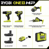 RYOBI 18V ONE+ Brushless Cordless 4-Tool Combo Kit with (2) 2.0 Ah Batteries, Charger, and Bag