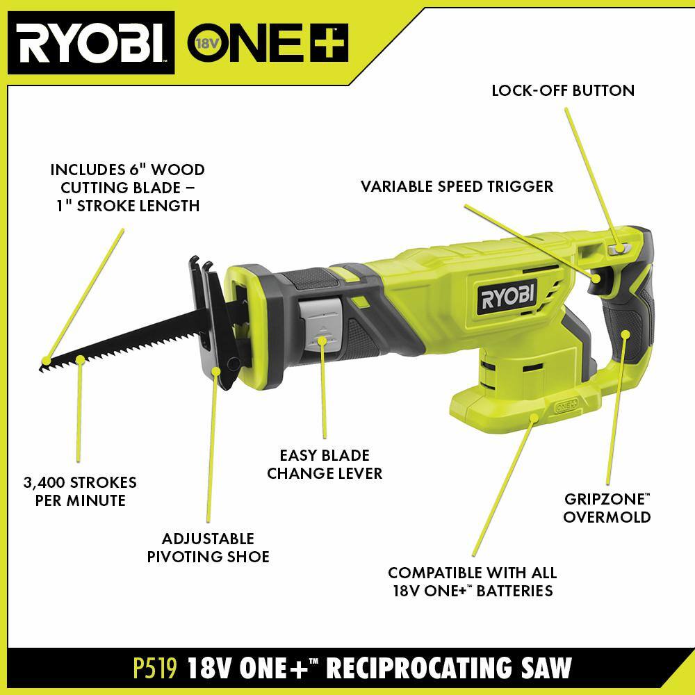 RYOBI ONE+ 18V Cordless Reciprocating Saw (Tool-Only), P519