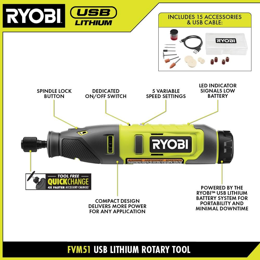 RYOBI USB Lithium Rotary Tool Kit with 2.0 Ah USB Lithium Battery and Charging Cable