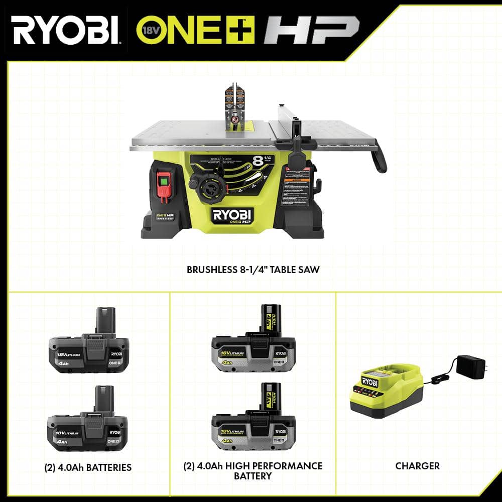 RYOBI ONE+ HP 18V Brushless Cordless 8-1/4 in. Compact Portable Jobsite Table Saw Kit with (4) 4.0 Ah Batteries and Charger