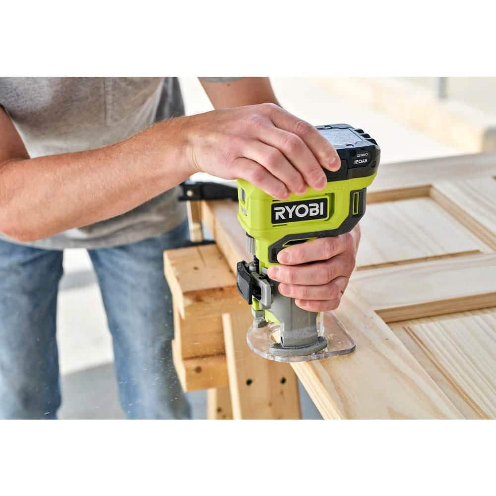 RYOBI ONE+ 18V Cordless Compact Fixed Base Router (Tool Only) with Shank Carbide Router Bit Set (15-Piece)