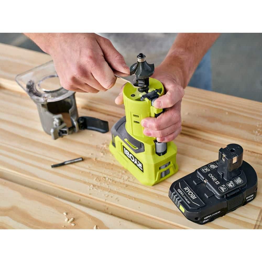RYOBI ONE+ 18V Cordless Compact Fixed Base Router (Tool Only) with Shank Carbide Router Bit Set (15-Piece)